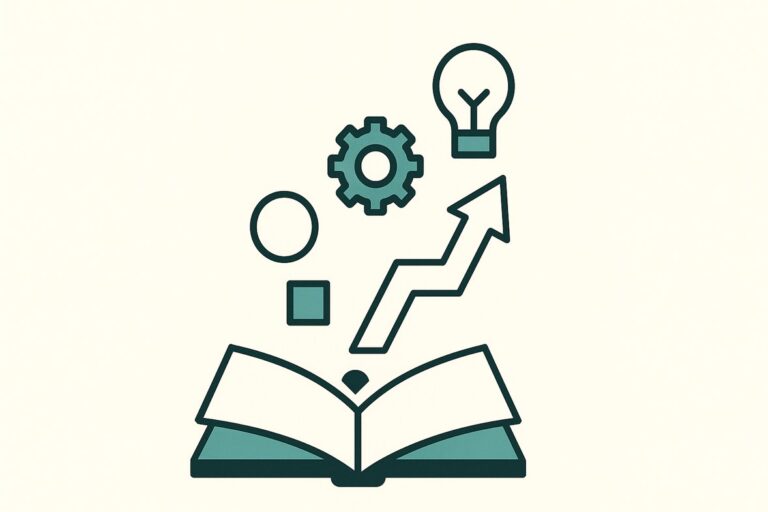 Flat vector illustration showing ideas rising from a book into business action.