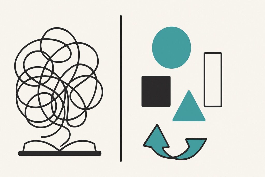 Abstract vector showing chaotic lines turning into clear shapes.