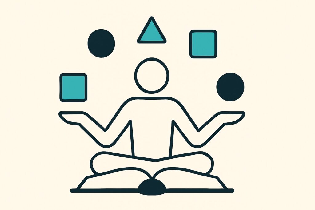 Abstract figure balancing multiple geometric shapes.