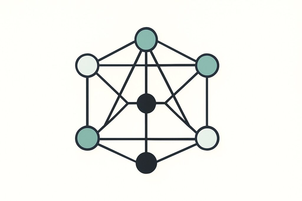 Interconnected geometric nodes forming a structured network.