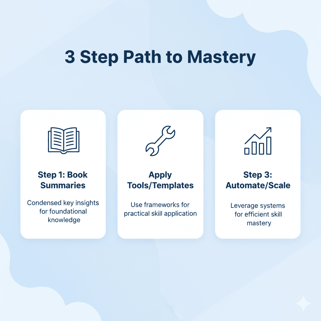 3 Step Path to Mastery: We Read, Summarize, Distill and create the Tools your Toolkit always needed. 
Books = Knowledge
Wisdom = Applied Knowledge