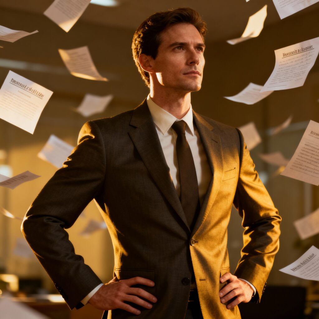 Focused entrepreneur in brown suit walking away from chaos, symbolizing breaking free from scattered business ideas.