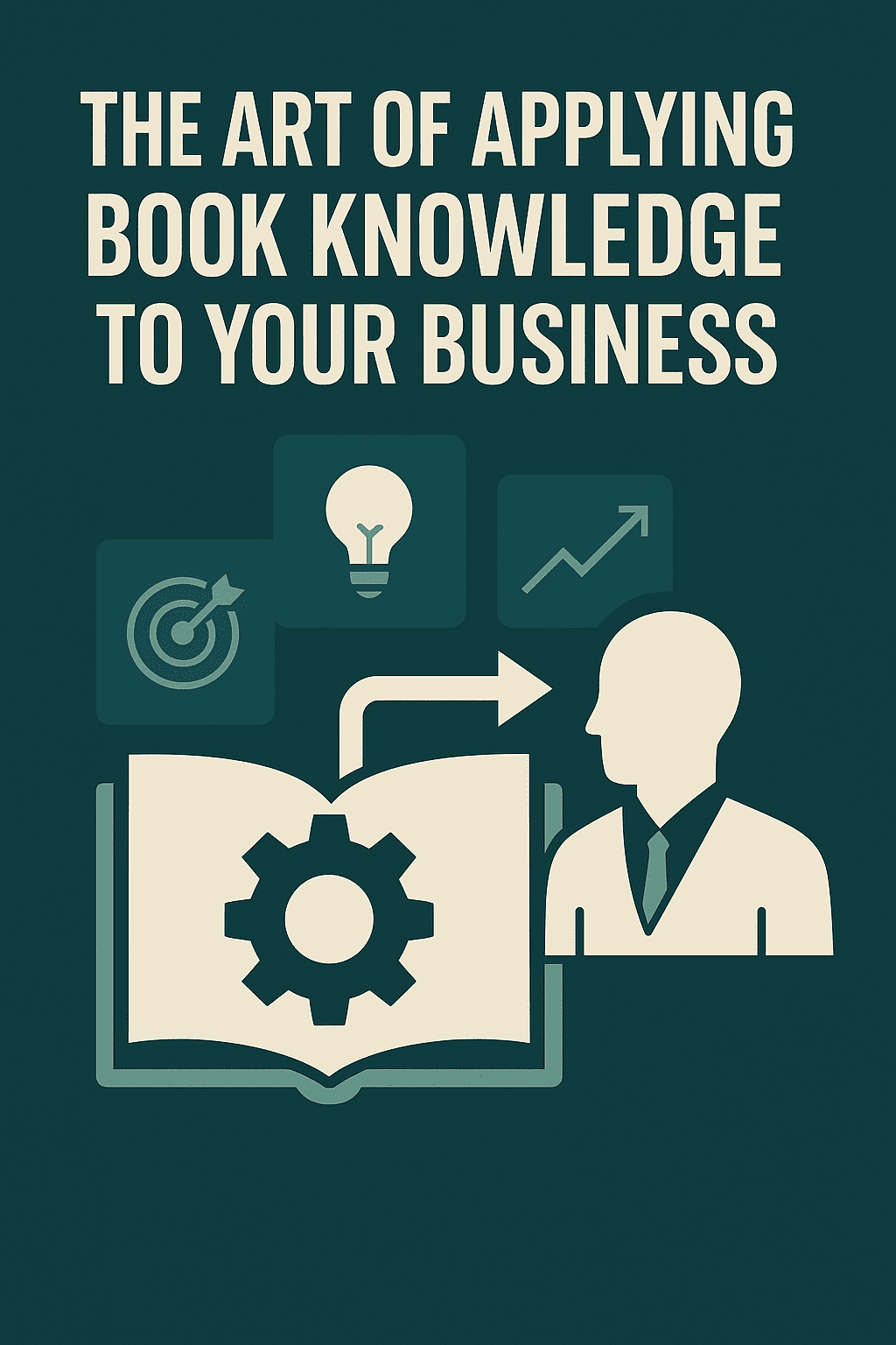 Vector illustration showing how book knowledge transforms into practical business execution through a gear and icon system.