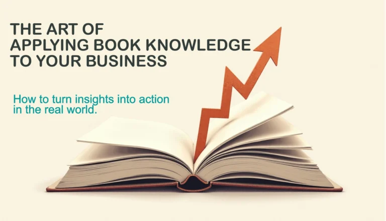 Open book with upward arrow symbolizing growth and applying knowledge in business