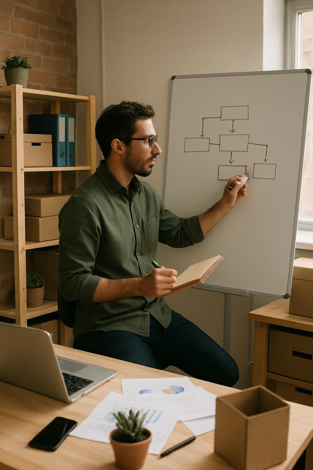 An image showing a real entrepreneur in action, someone working in a small workspace jotting plans on a whiteboard