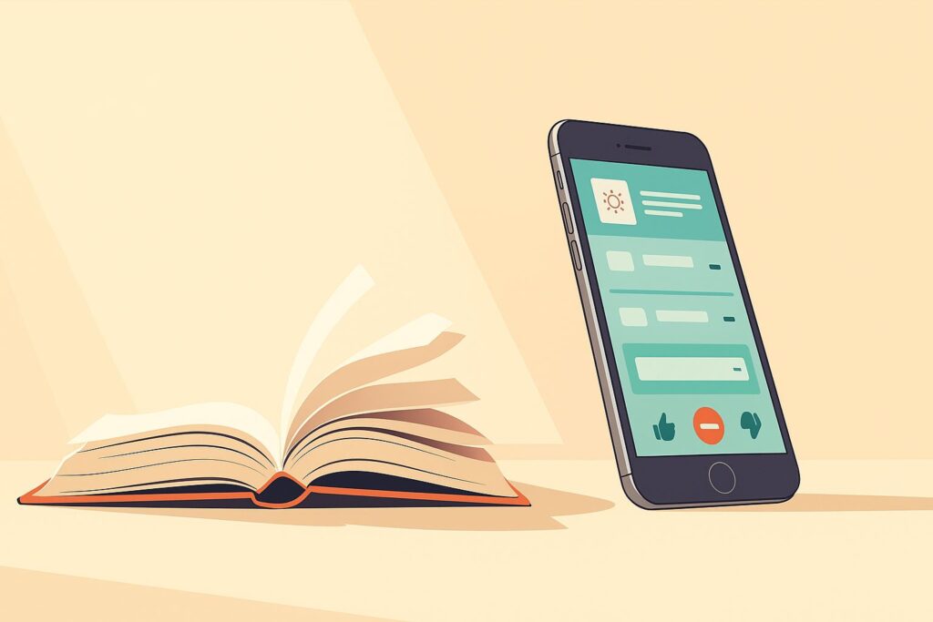 Illustration showing a book versus a scrolling phone to highlight depth versus distraction.