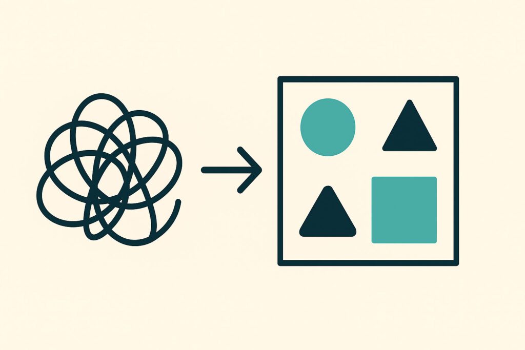 Icon of chaotic lines transforming into clear geometric shapes.