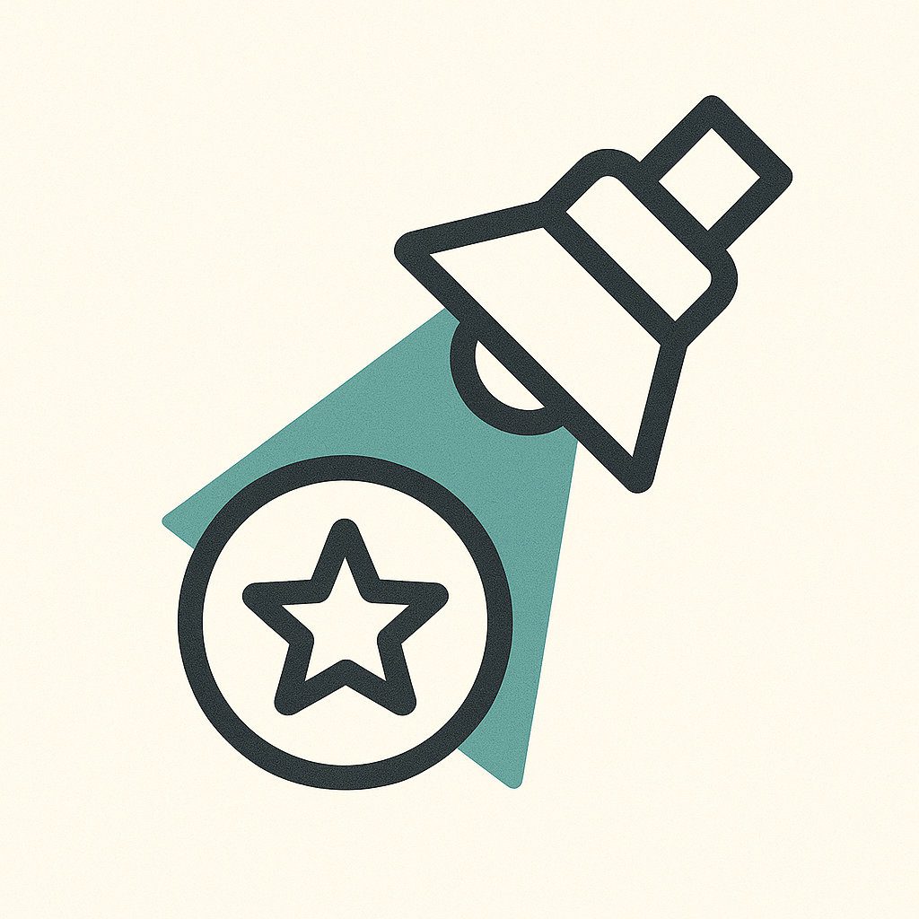 Icon of a spotlight revealing a star-shaped symbol.