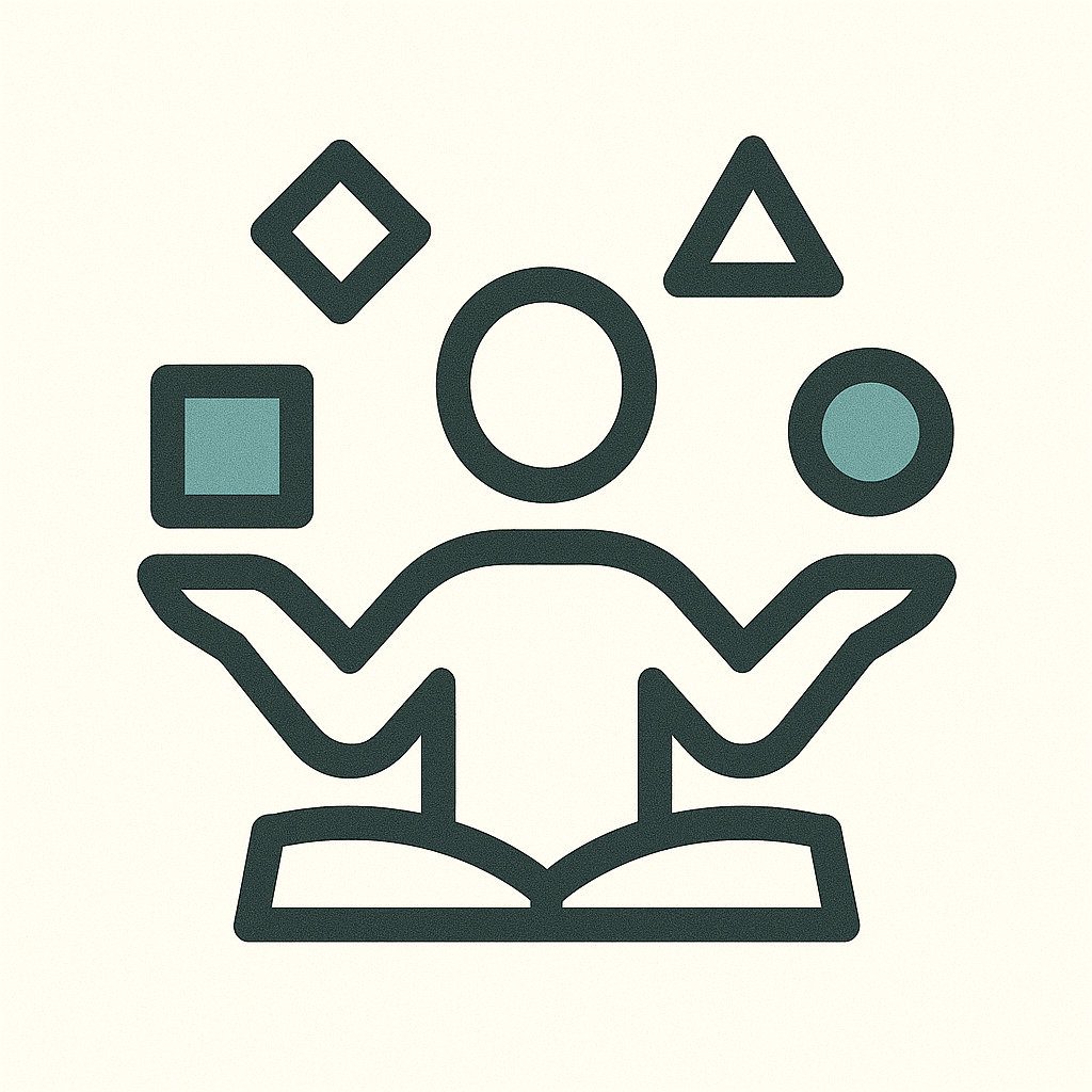 Icon of a stylized figure balancing multiple shapes calmly.